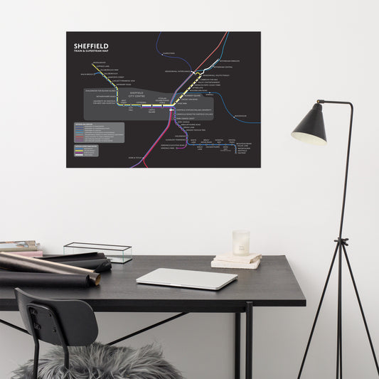 Sheffield Train & Tram Map - Lights out Variant